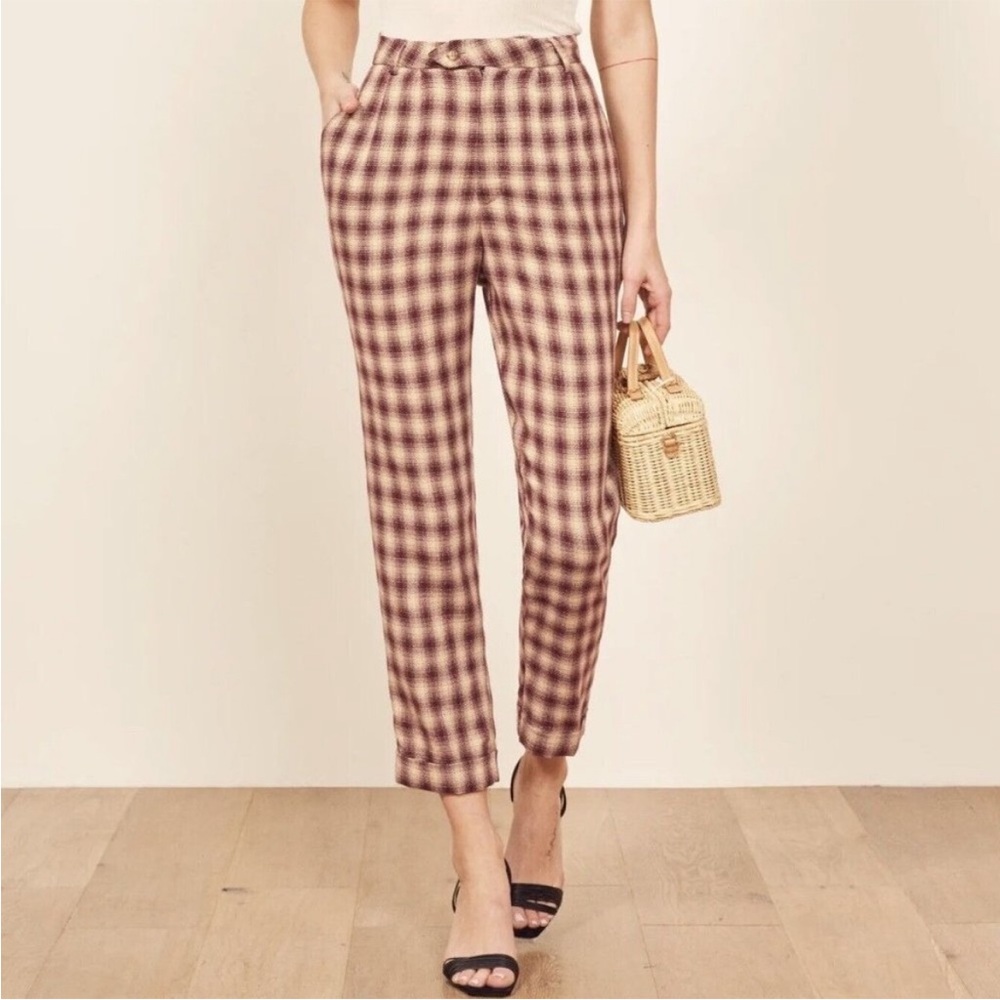 Reformation Plaid Trousers in Brown and Cream